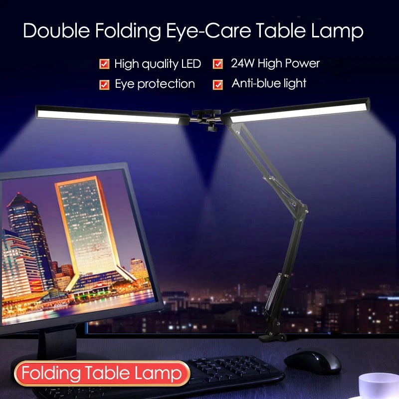 Flexo LED-Schreibtisch-Klapp-Clip-Licht, USB, doppelköpfiges Schlafzimmer, Arbeitszimmer, 3 Farben, 10 Helligkeitsmonitor, Kopfteillampe zum Lesen von Büchern