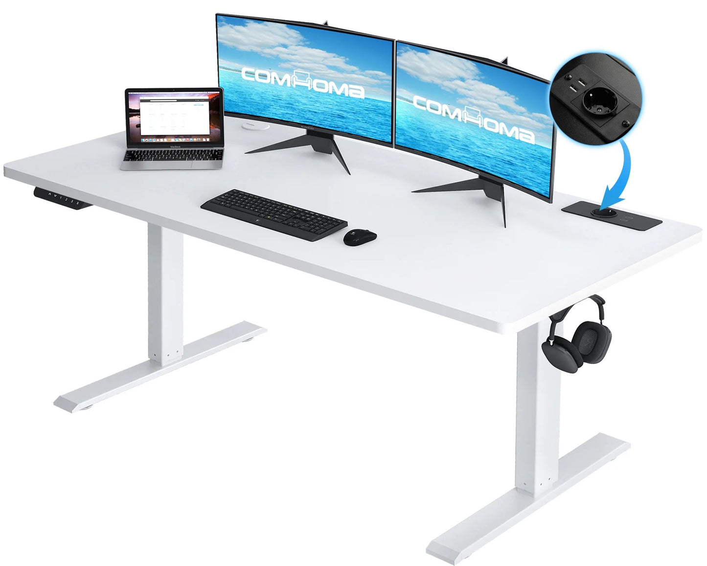 Höhenverstellbarer Schreibtisch mit USB-Buchse und Haken, Elektrisch Verstellbarer Computertisch, Steh-Sitztisch