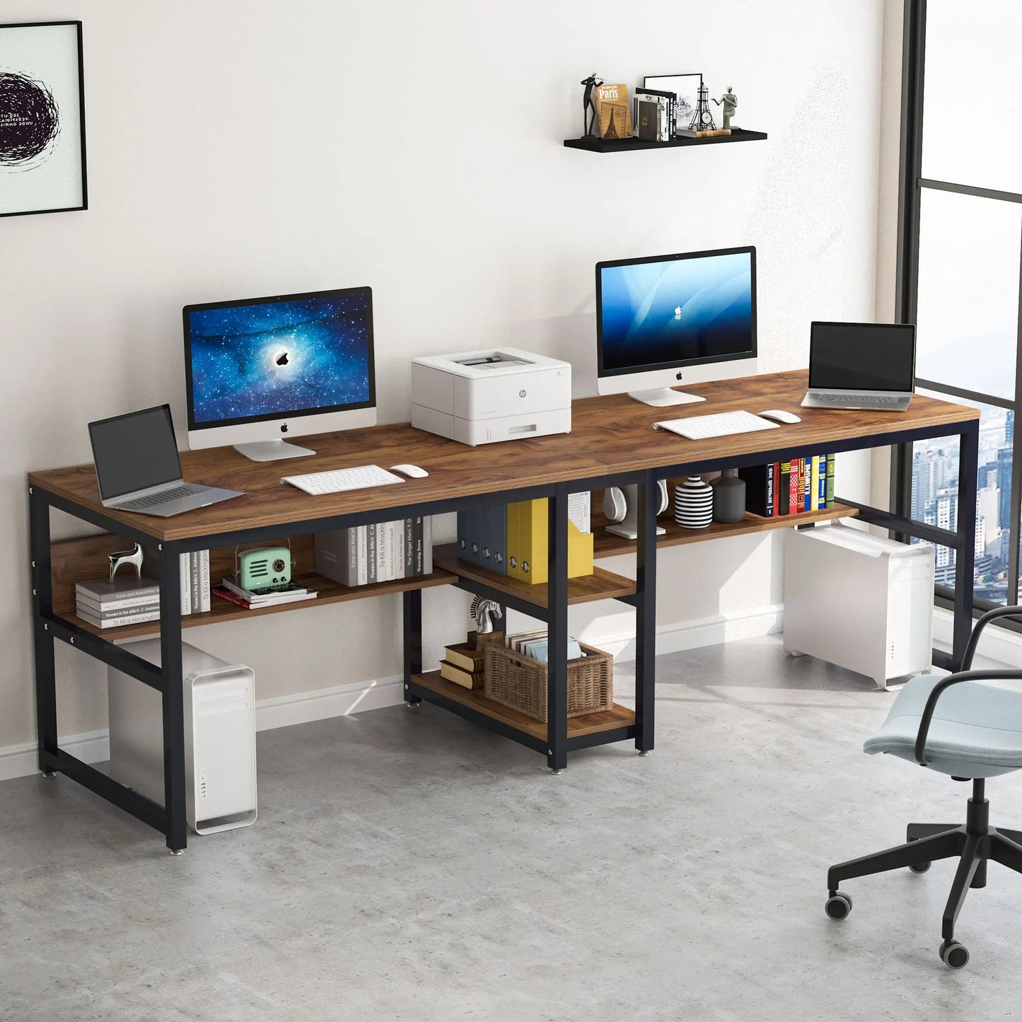 Tribe signs Zwei-Personen-Schreibtisch mit Bücherregal, 78,7 Computer Office Doppels ch reibt isch für zwei Personen, rustikaler Schreibtisch Workstation