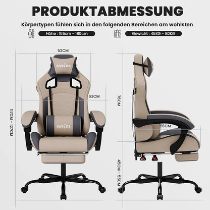 Ergonomischer Gaming-Stuhl, verstellbar, drehbar, mit Kopfstütze und Lendenwirbelstütze, für Büro, Computer, Wohnzimmer