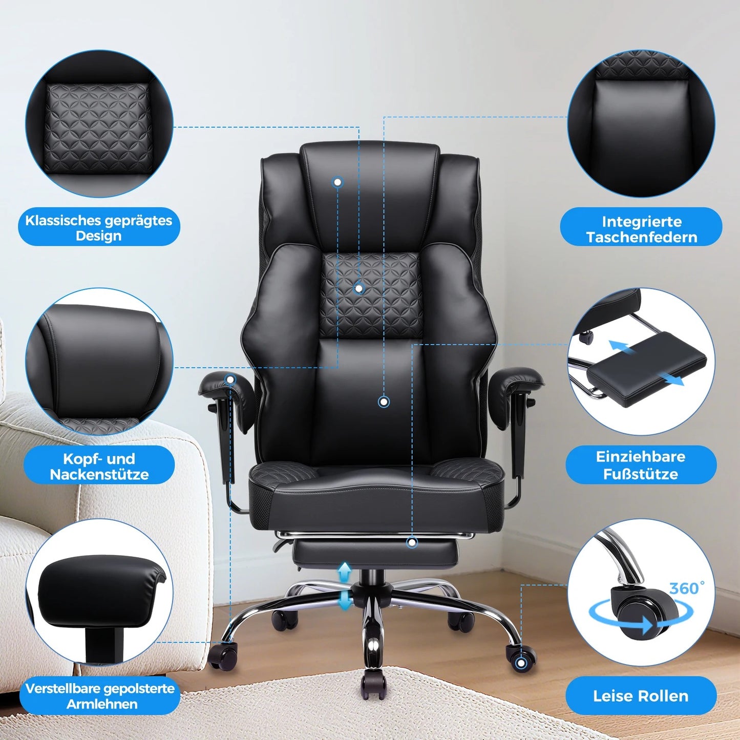GTPLAYER Gaming Stuhl, breiter Bürostuhl mit Taschenfeder, Ergonomischer PC-Stuhl, Verstellbarer und Drehbarer Schreibtischstuhl