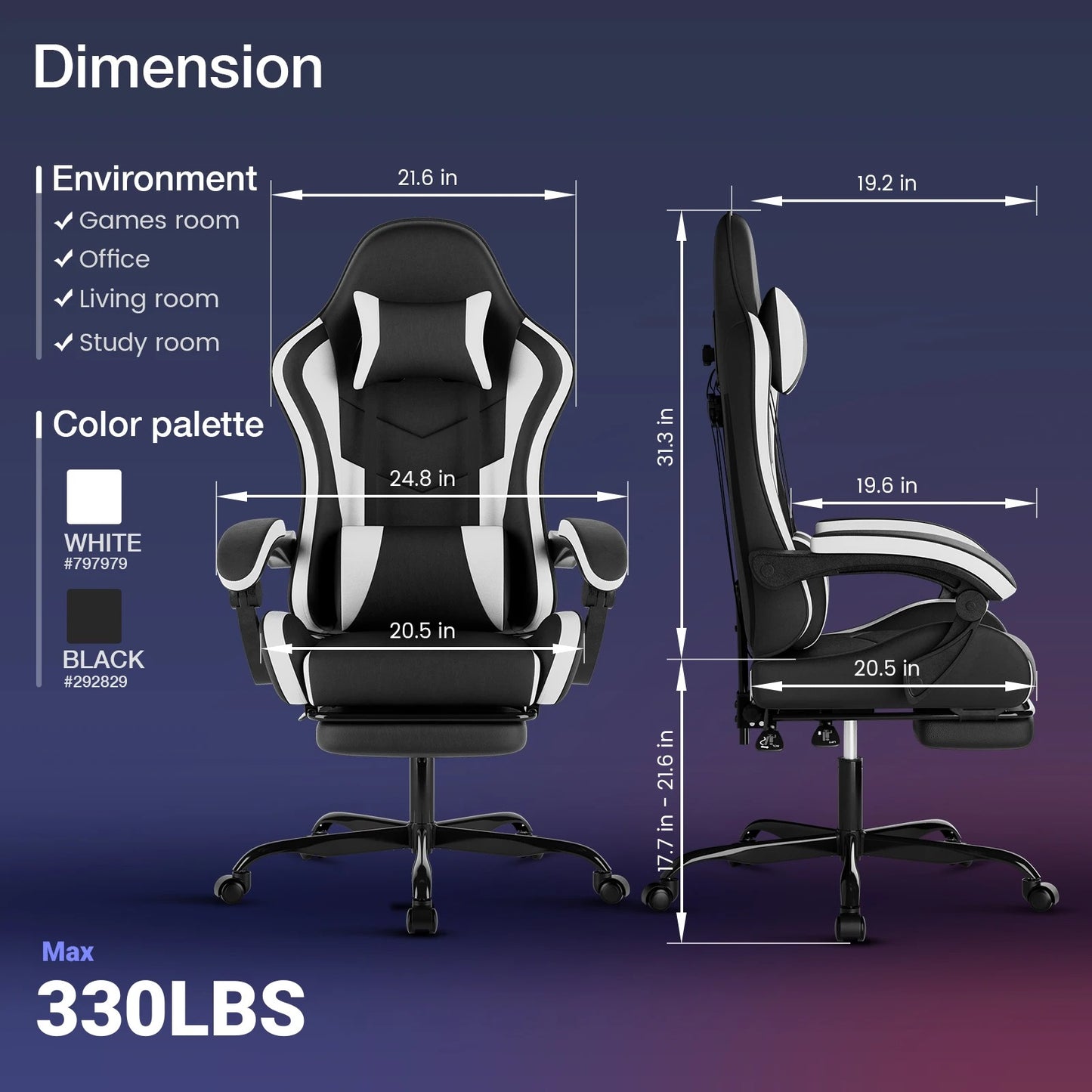 WOTSTA Ergonomischer Racing-Gaming-Stuhl mit Kopfstütze und Lendenwirbelstütze, verstellbarer drehbarer Bürostuhl für Computer-Wohnzimmer