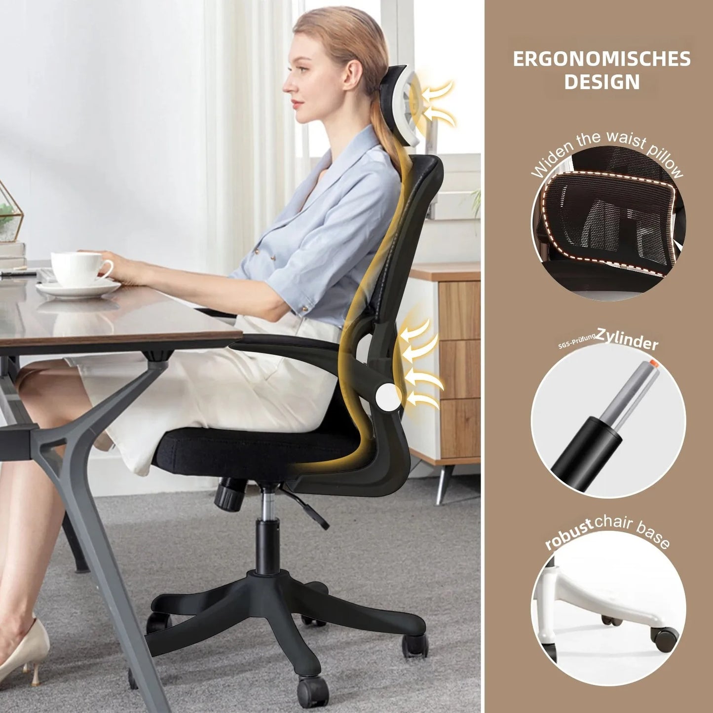 Ergonomischer Bürostuhl mit hoher Rückenlehne, verstellbarer Netz-Computerstuhl mit Lendenwirbelstütze für den Home-Office-Bereich