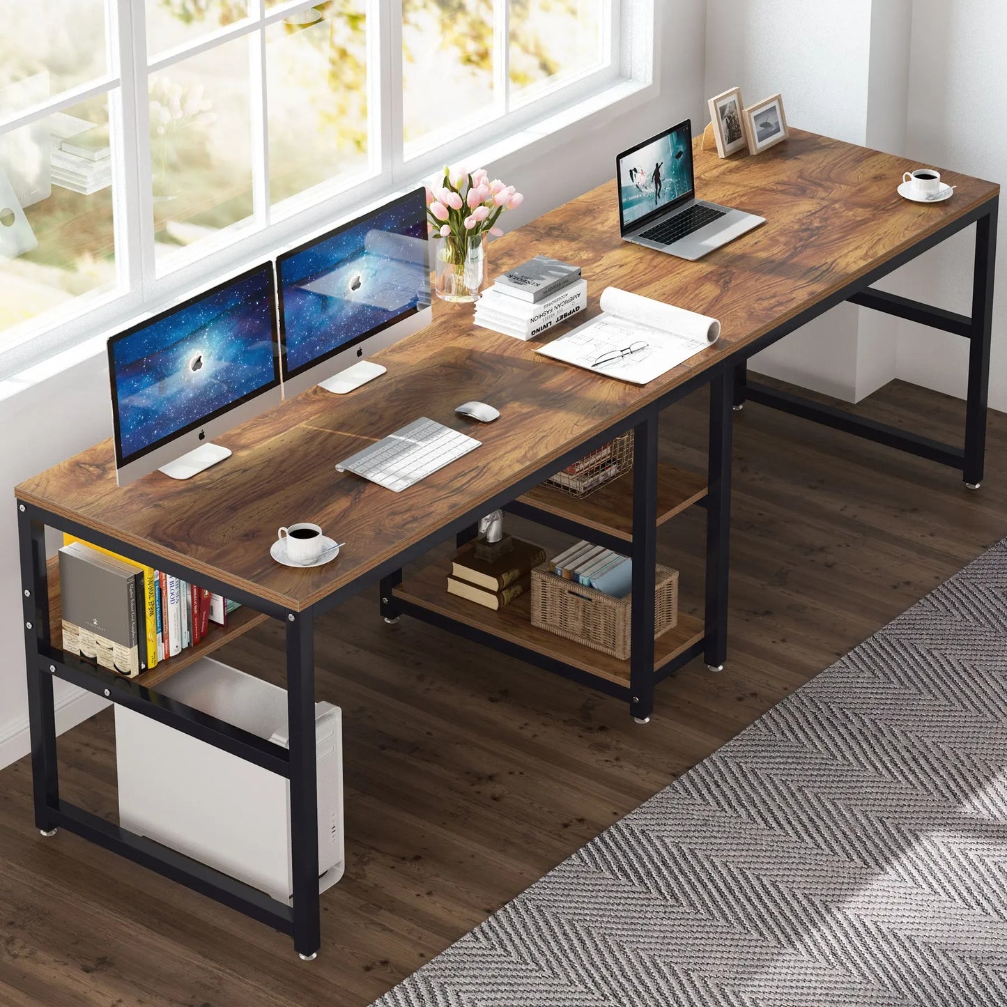 Tribe signs Zwei-Personen-Schreibtisch mit Bücherregal, 78,7 Computer Office Doppels ch reibt isch für zwei Personen, rustikaler Schreibtisch Workstation