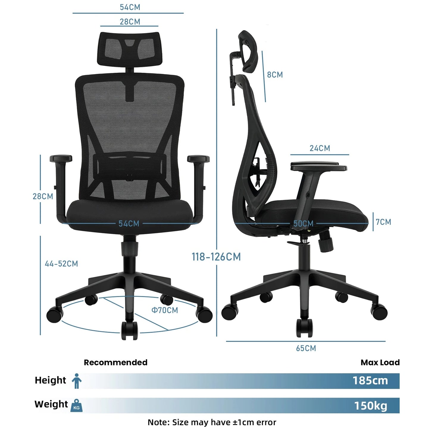 Durrafy Bürostuhl, Computer-Schreibtischstuhl, ergonomischer Chefsessel mit Lordosenstütze, verstellbarer Drehstuhl, schwarz