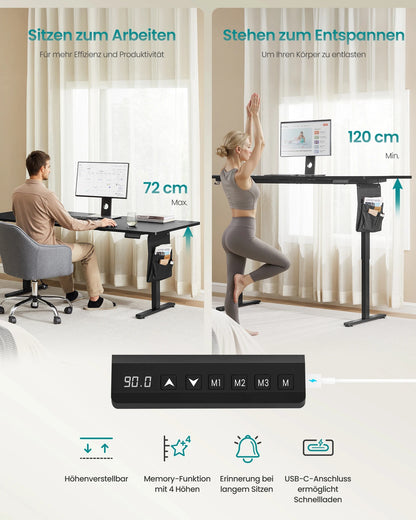SONGMICS Höhenverstellbarer Schreibtisch, 180 x 80 cm, Memory-Funktion, USB-C-Anschluss