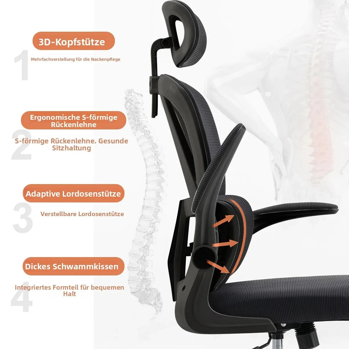 Ergonomischer Bürostuhl mit hoher Rückenlehne, verstellbarer Netz-Computerstuhl mit Lendenwirbelstütze für den Home-Office-Bereich
