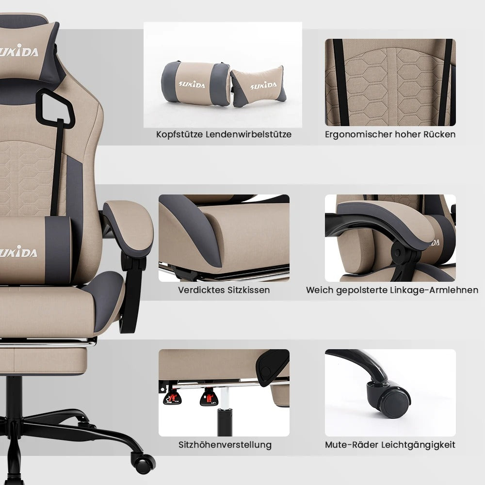 Ergonomischer Gaming-Stuhl, verstellbar, drehbar, mit Kopfstütze und Lendenwirbelstütze, für Büro, Computer, Wohnzimmer