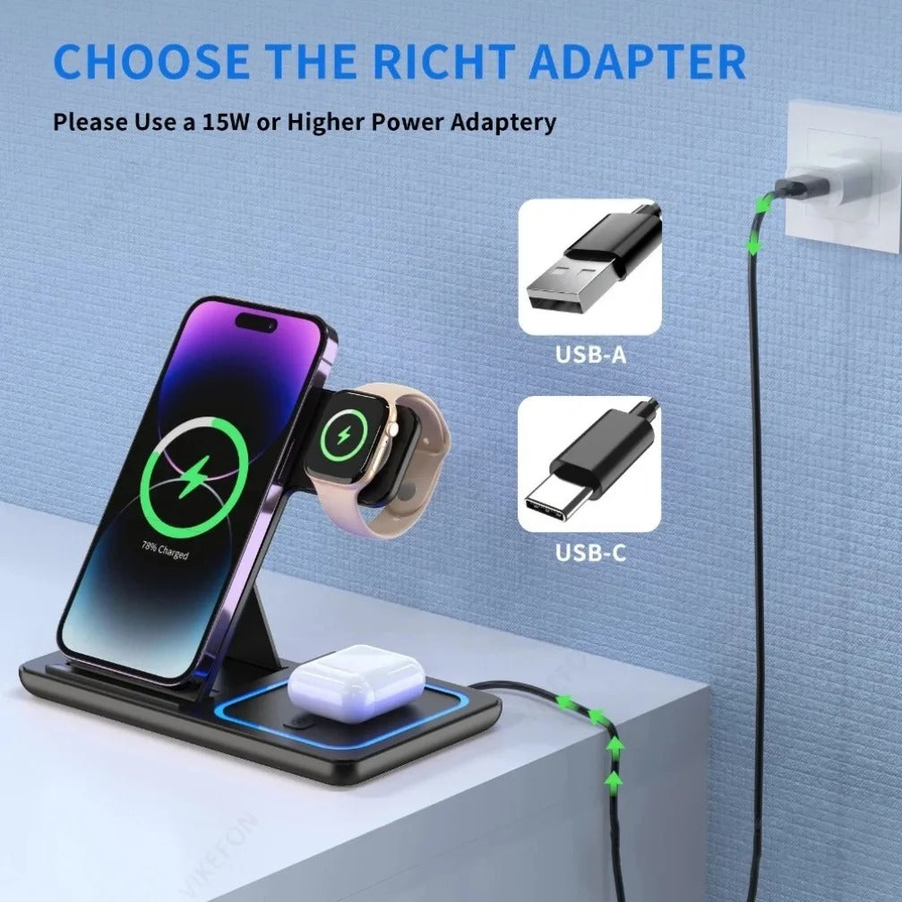 Faltbare 3-in-1 Kabellose Ladestation für iPhone 17 16 15 14 13 12 Pro Max iWatch 11 Airpods Pro 4/3 Schnell-Ladeständer Dock