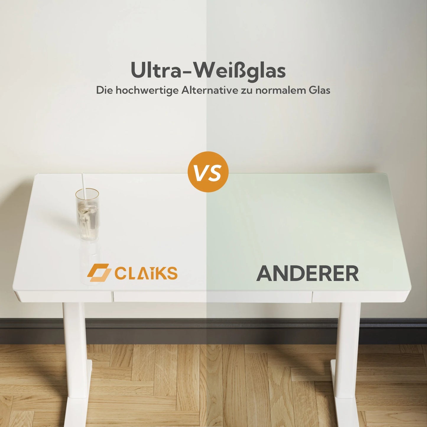 Claiks Glas Höhenverstellbarer Schreibtisch Elektrischer Steh-Sitz-Schreibtisch mit robuster Glasplatte Leiser Motor
