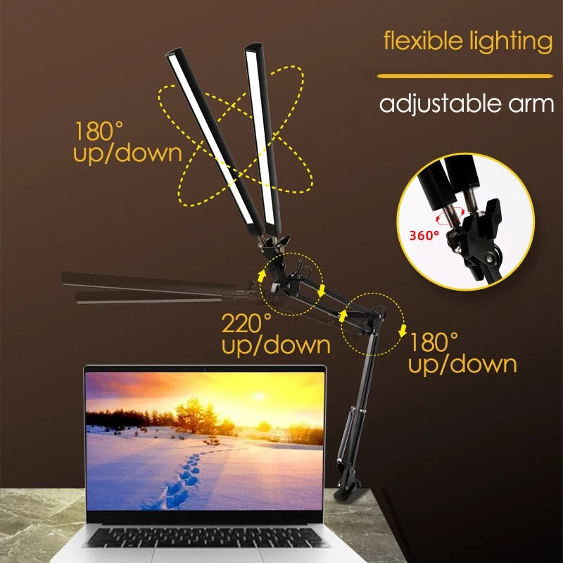 Flexo LED-Schreibtisch-Klapp-Clip-Licht, USB, doppelköpfiges Schlafzimmer, Arbeitszimmer, 3 Farben, 10 Helligkeitsmonitor, Kopfteillampe zum Lesen von Büchern