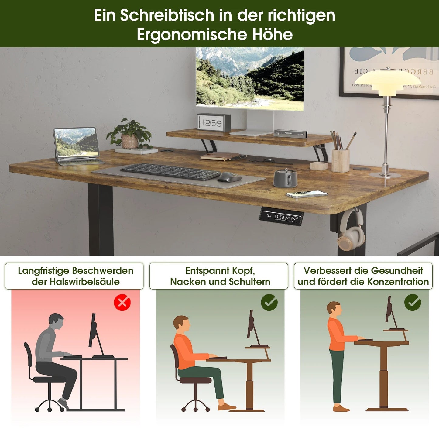 Devoko Höhenverstellbarer Schreibtisch Elektrisch 120×60cm mit Monitorständer,Ergonomisches Sitz-Stehpult (Weiß)
