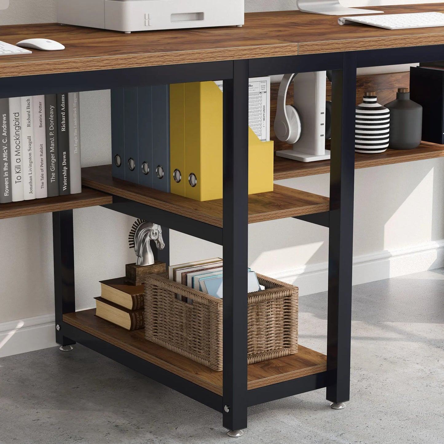 Großer 2-Personen Schreibtisch mit Regal – 78,7” Computer Desk im modernen rustikalen Stil