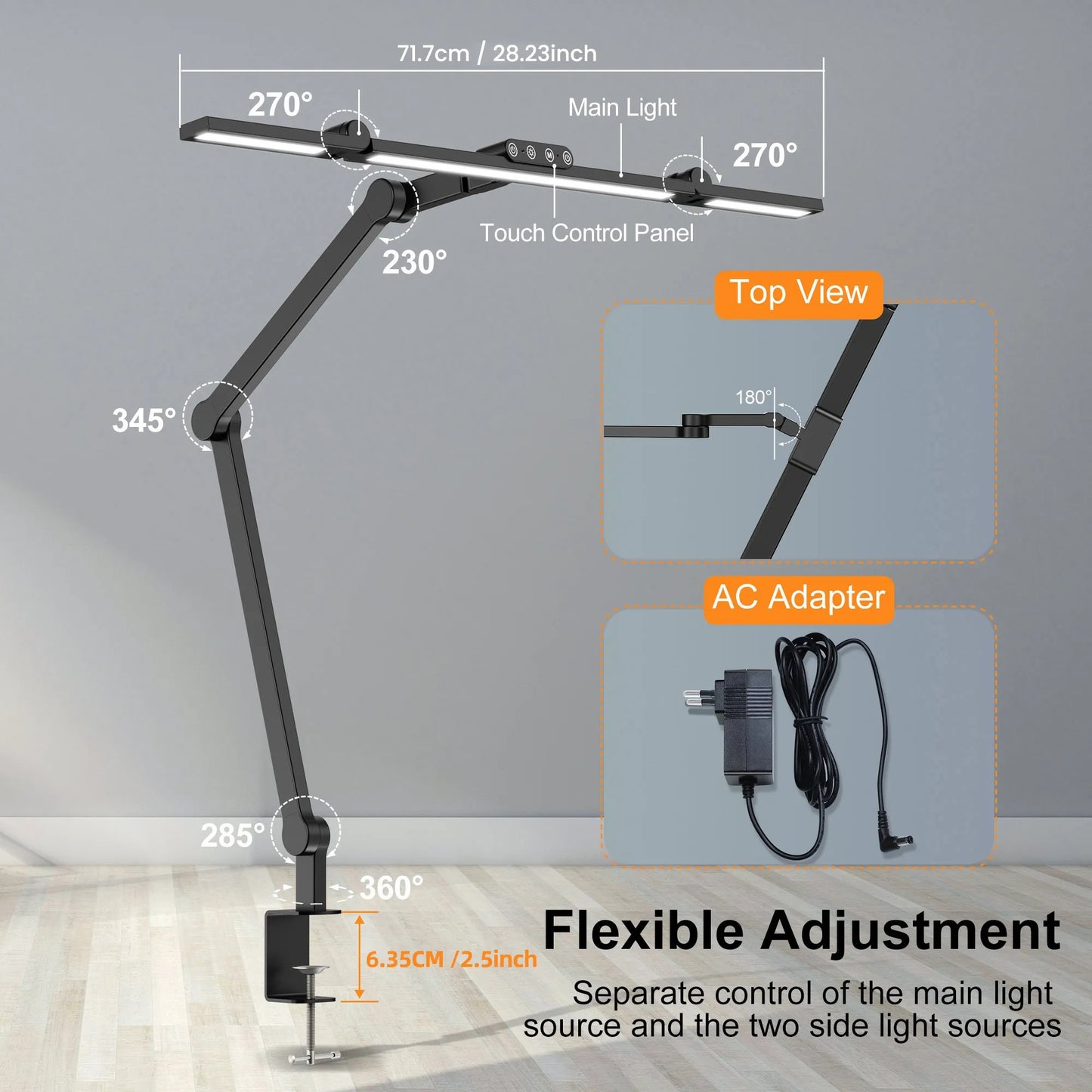24 W superhelle dimmbare LED-Schreibtischlampe, 1500 Lumen LED-Tischlampe für Zuhause und Büro mit Umgebungslicht, Tageslichtlampe, Klemme