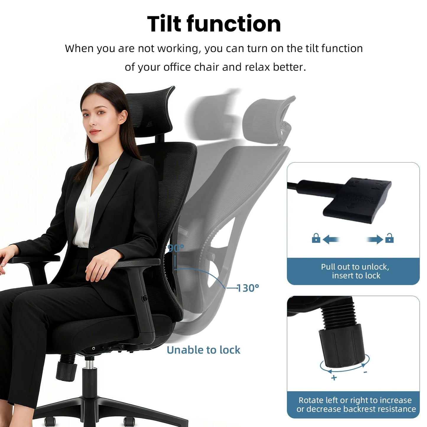 Durrafy Bürostuhl, Computer-Schreibtischstuhl, ergonomischer Chefsessel mit Lordosenstütze, verstellbarer Drehstuhl, schwarz