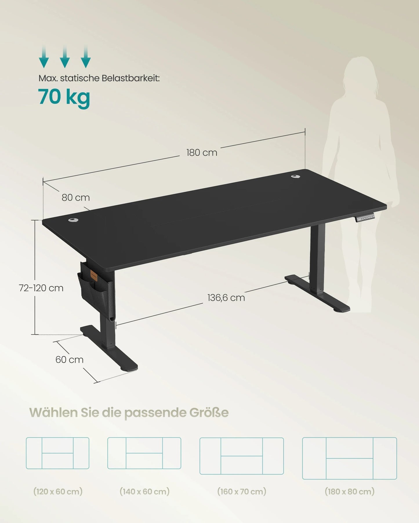SONGMICS Höhenverstellbarer Schreibtisch, 180 x 80 cm, Memory-Funktion, USB-C-Anschluss