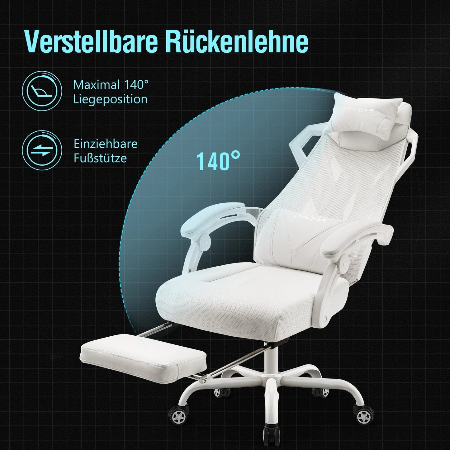 GTPLAYER Ergonomischer Bürostuhl Schreibtischstuhl Gamingstuhl Drehstuhl Verstellbarer Lordosenstütze Kopfstütze Rückenschonend