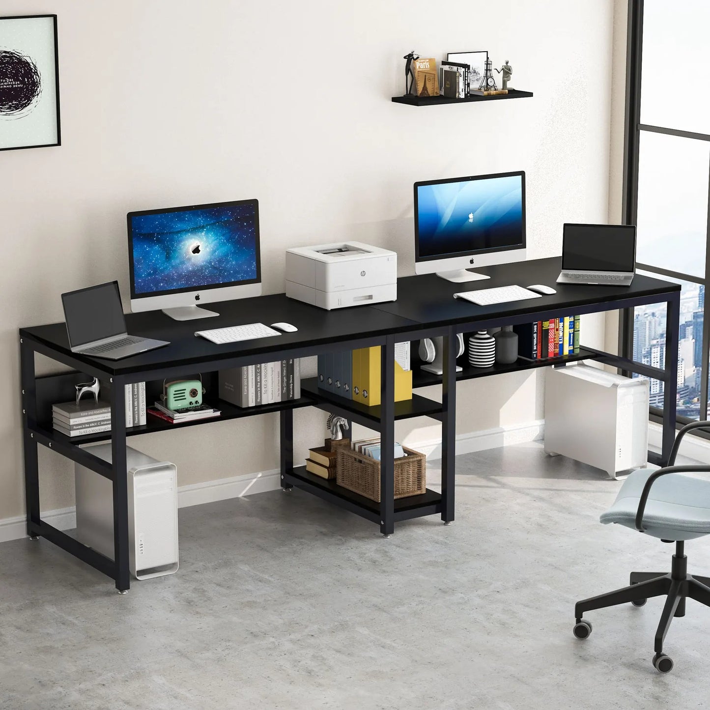 Großer 2-Personen Schreibtisch mit Regal – 78,7” Computer Desk im modernen rustikalen Stil