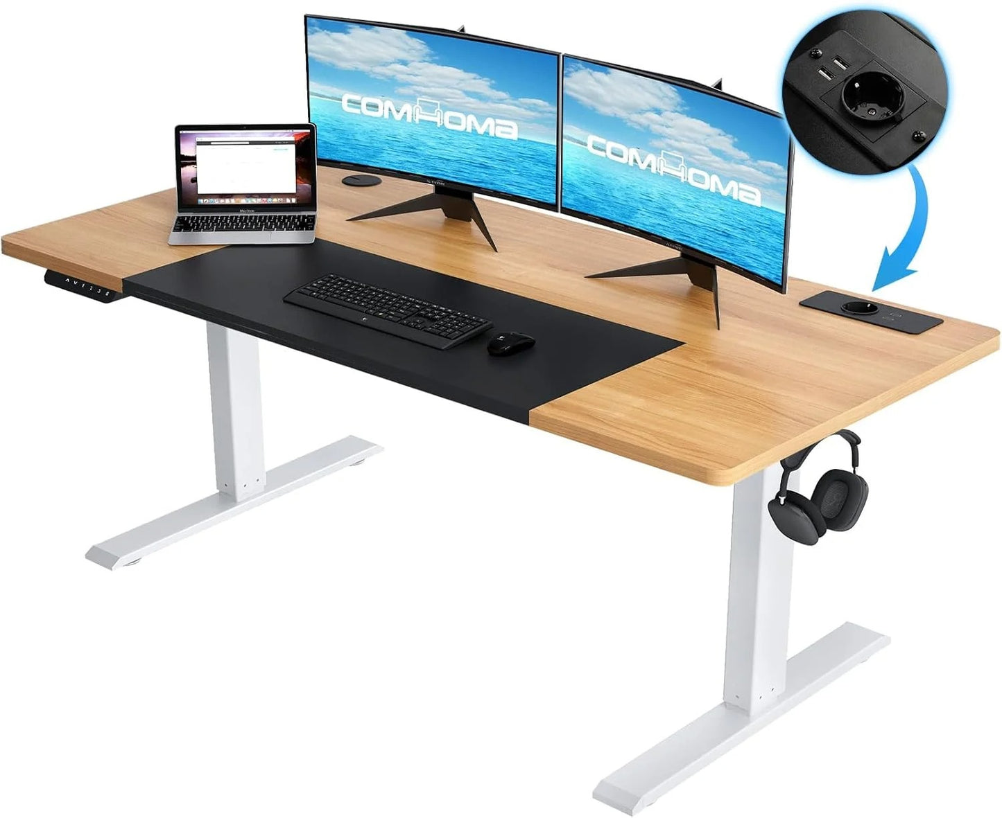Höhenverstellbarer Schreibtisch mit USB-Buchse und Haken, Elektrisch Verstellbarer Computertisch, Steh-Sitztisch