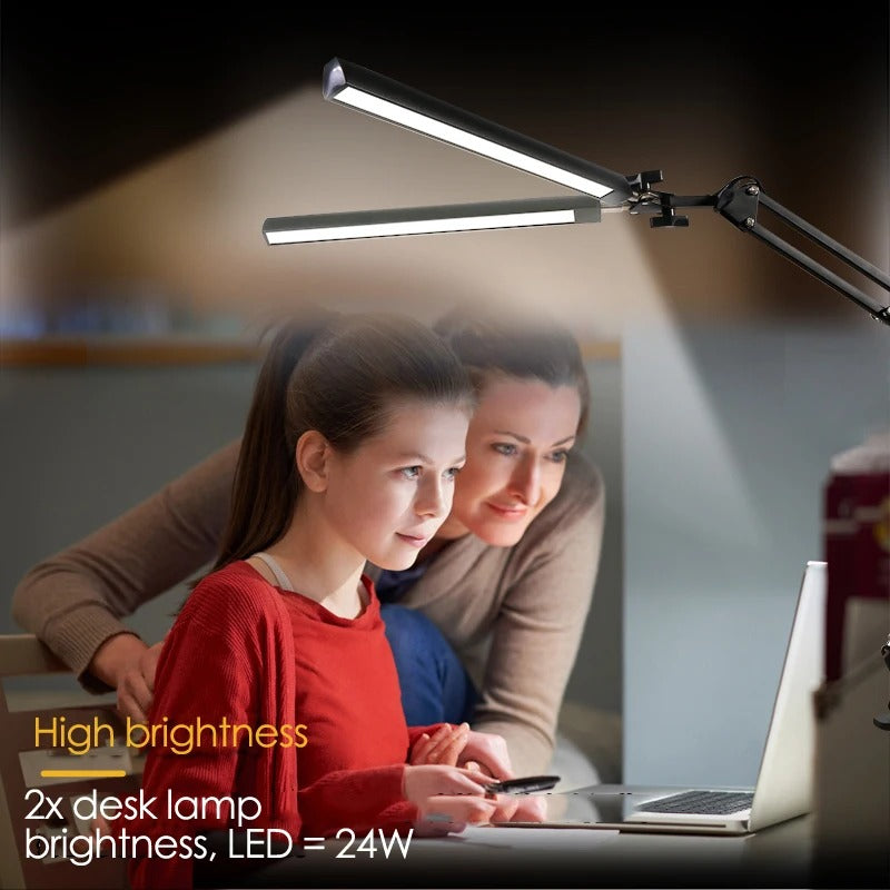 Flexo LED-Schreibtisch-Klapp-Clip-Licht, USB, doppelköpfiges Schlafzimmer, Arbeitszimmer, 3 Farben, 10 Helligkeitsmonitor, Kopfteillampe zum Lesen von Büchern