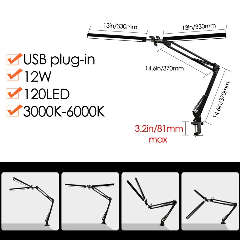 Flexo LED-Schreibtisch-Klapp-Clip-Licht, USB, doppelköpfiges Schlafzimmer, Arbeitszimmer, 3 Farben, 10 Helligkeitsmonitor, Kopfteillampe zum Lesen von Büchern